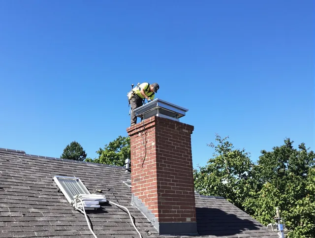 Griswold Chimney Sweep technician measuring a chimney cap in Griswold, CT
